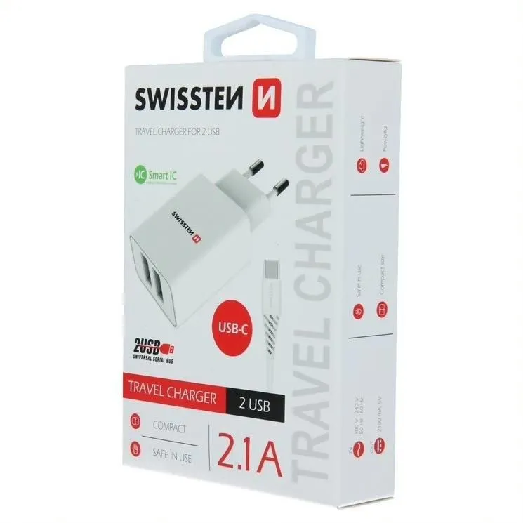 SWISSTEN Punjač 2x USB 2/1A+ kabl Type C 1/2m/ bela
