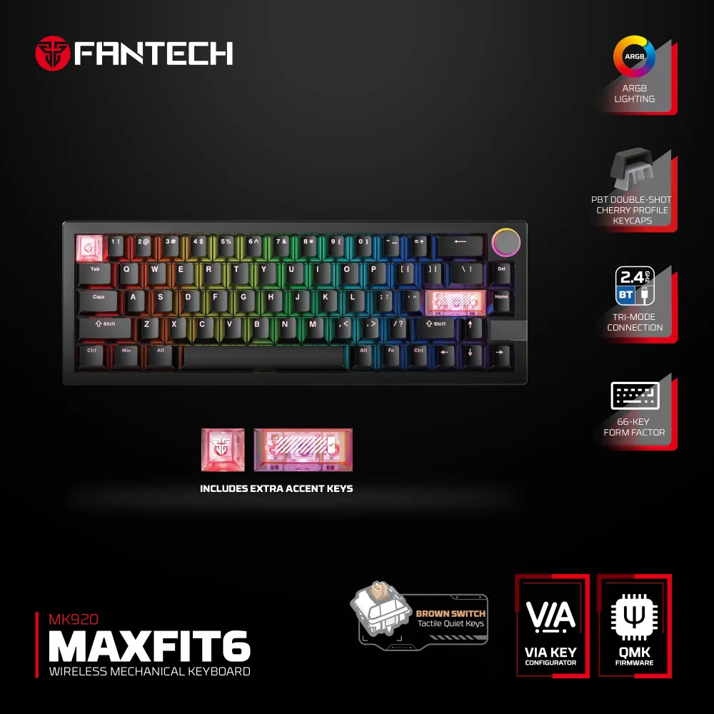Tastatura mehanička Gaming Fantech MK920 RGB Maxfit 6 Wireless black (Brown switch)