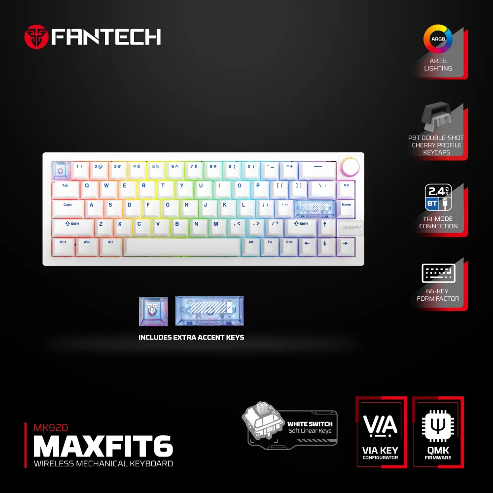 Tastatura mehanička Gaming Fantech MK920 RGB Maxfit 6 Wireless bela (White switch)