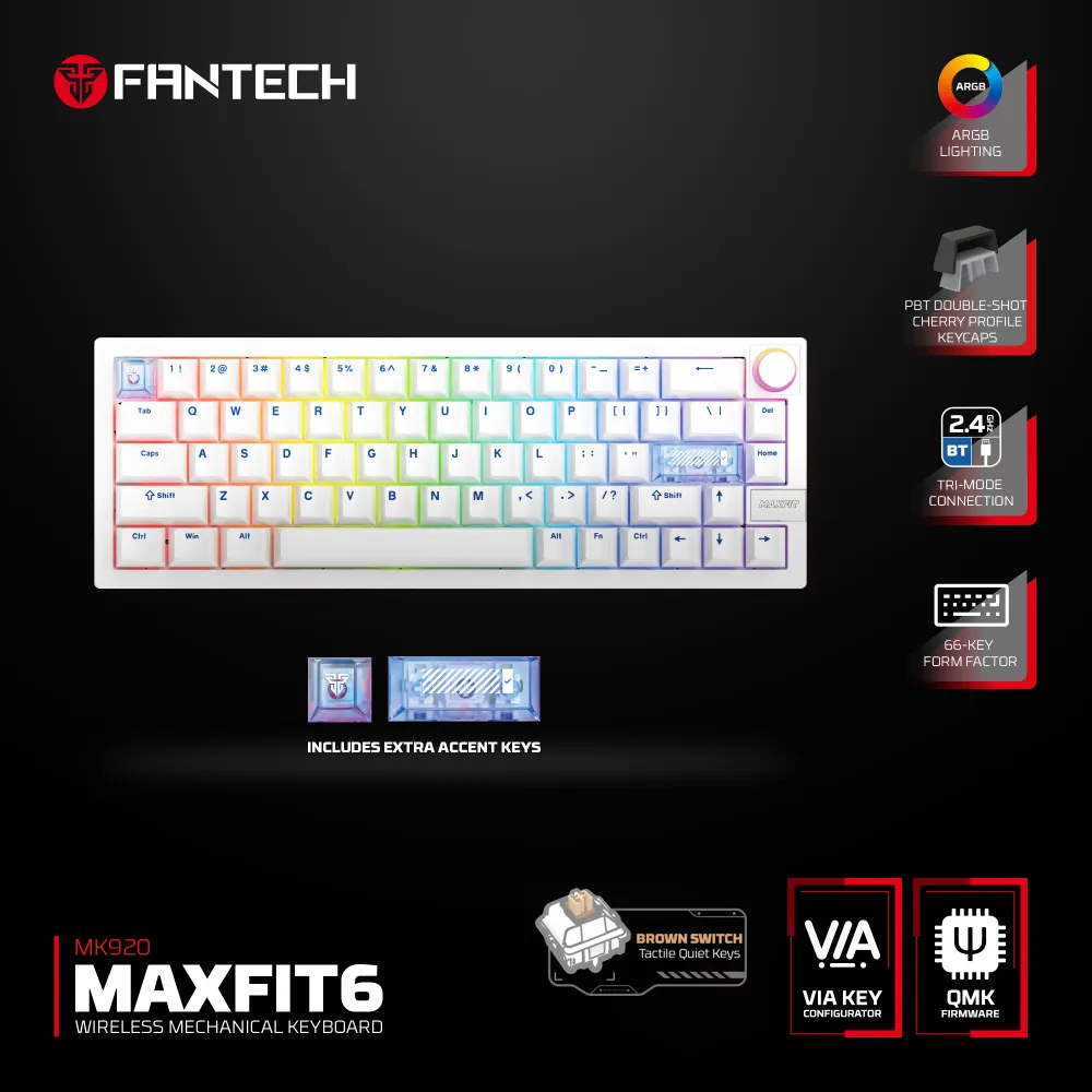 Tastatura mehanička Gaming Fantech MK920 RGB Maxfit 6 Wireless bela (Brown switch)