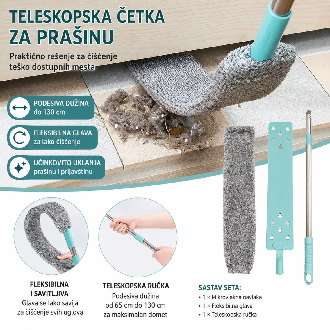 Teleskopska četka za prašinu sa mikrofiber navlakom – Fleksibilni čistač