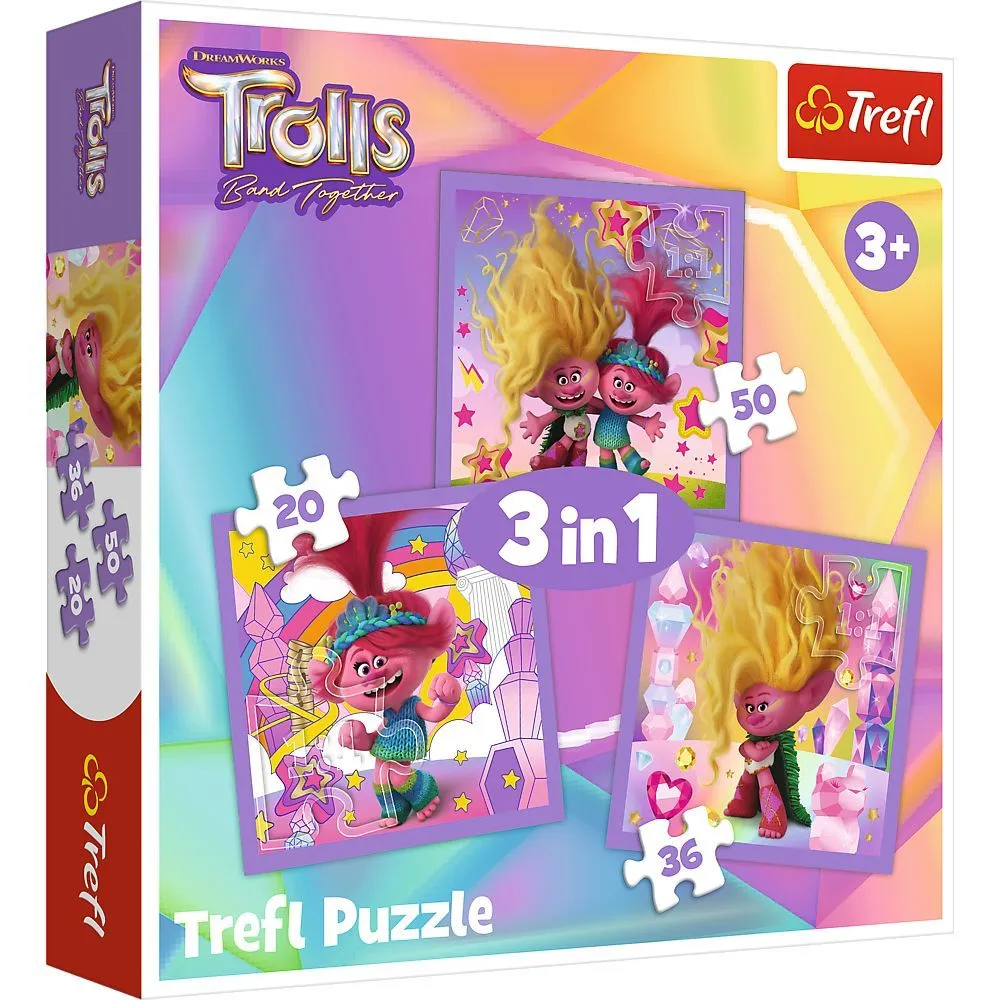 TREFL Puzzle 3u1 Meet the happy Trolls 34870 - 20/ 36/ 50 delova