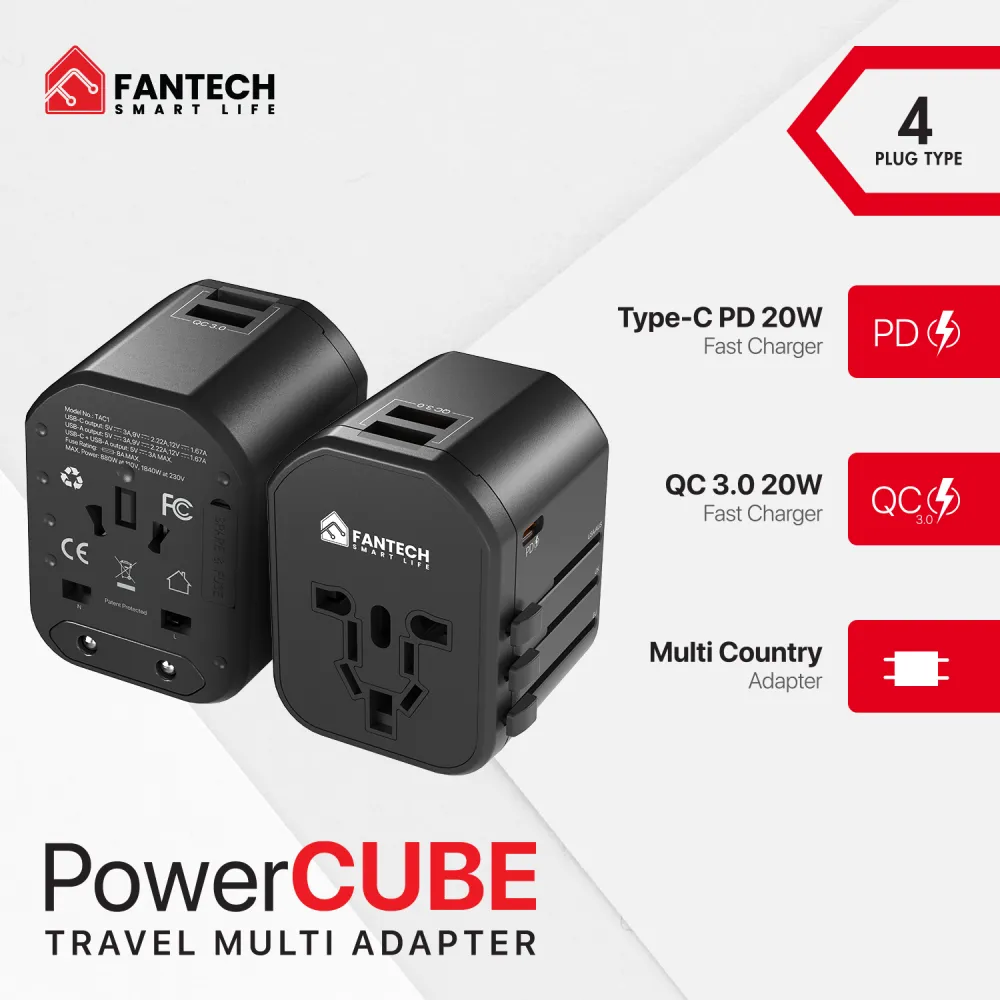 Univerzalni Multi Adapter Fantech TAC1 Power Cube 20W/ PD/ QC 3.0/ 20W/ crni