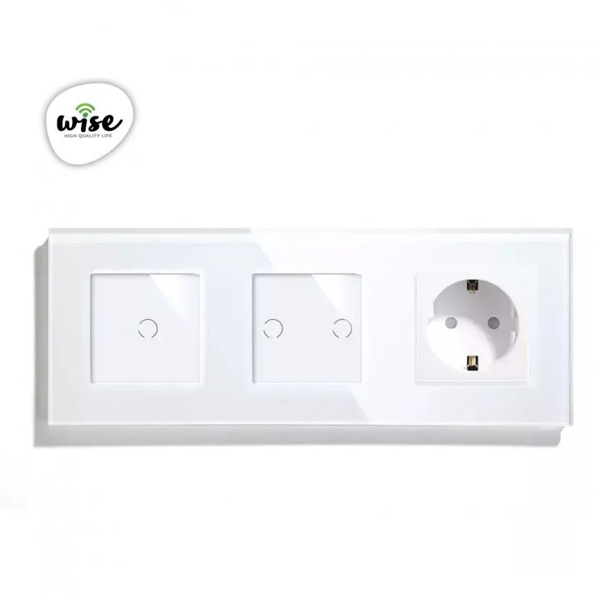 Wise Modularni prekidači i utičnice – 3 tastera, 1 utičnica – stakleni panel beli