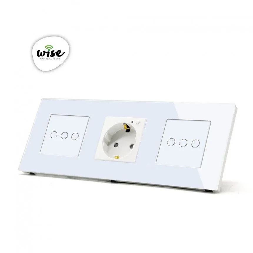 Wise Modularni prekidači i utičnice – 6 tastera, 1 wifi utičnica – stakleni panel beli