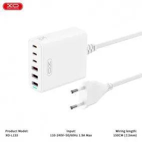XO Punjač L133 75W 3USB+3 Type-C 1.5m