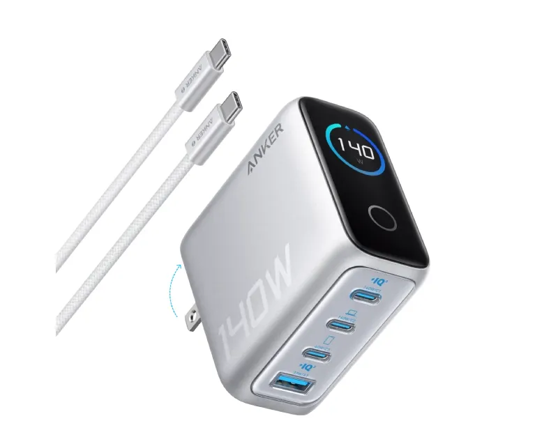 ANKER 140W GaN zidni brzi punjač, 4-porta (3x USB-C i 1x USB-A) sa USB-C M/M pletenim kablom, srebrni