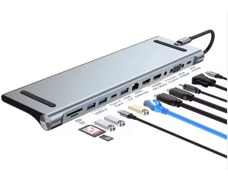 E-GREEN Adapter USB 3.1 tip C (M) - 2 x HDMI + VGA + 3 x USB 3.0 + 2 x tip C + RJ45 (F) + SD/TF + PD 100W (12 u 1)