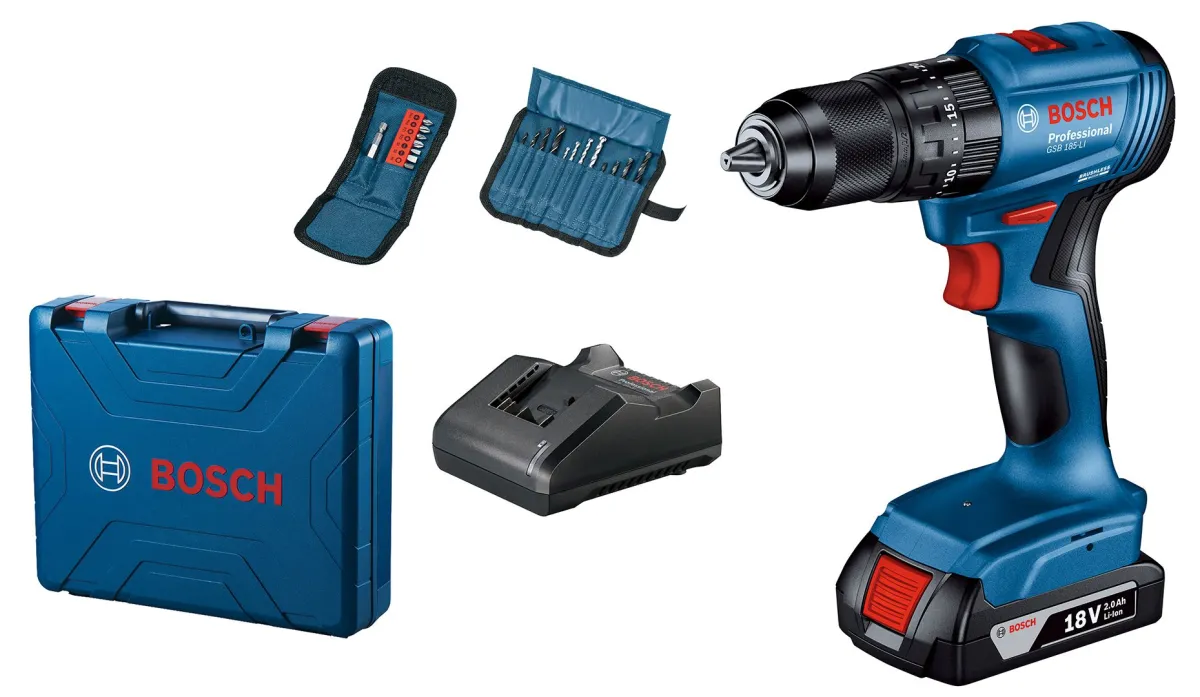 Akumulatorska vibraciona bušilica - odvrtač Bosch GSB 185-Li; 18V 1x2,0 Ah + 23-delni set pribora u koferu (06019K3102)