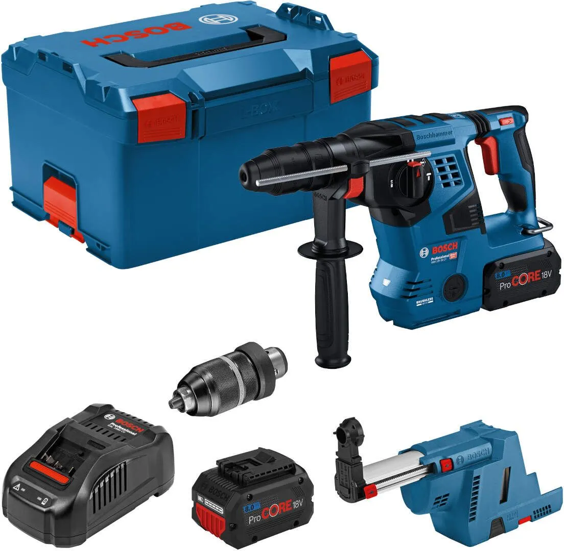 Akumulatorski elektro-pneumatski čekić / bušilica Bosch GBH 18V-28 CF; 2x8,0Ah ProCORE u L-BOXX + izmenjiva glava i sistem za usisavanje (0611921003)