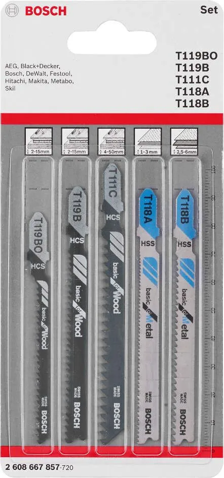 Bosch 5-delni set listova ubodne testere Wood and Metal Basic T 119 BO; T 119 B; T 11 C; T 118 A; T 118 B - 2608667857