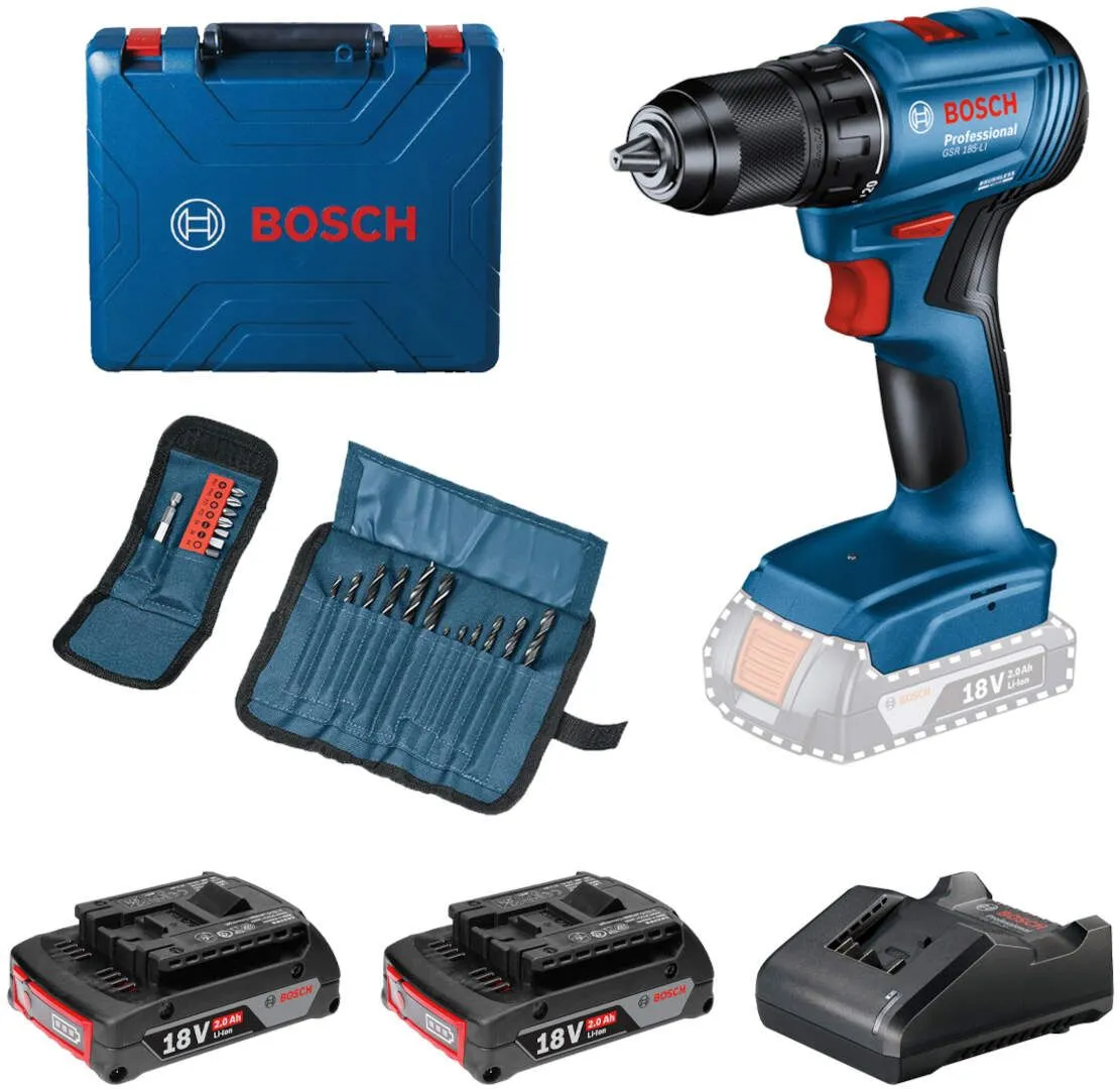 Bosch GSR 185-Li bušilica-odvrtač + 2 x 2,0 Ah akumulatora + 23-delni set dodatnog pribora u koferu (0615990N25)