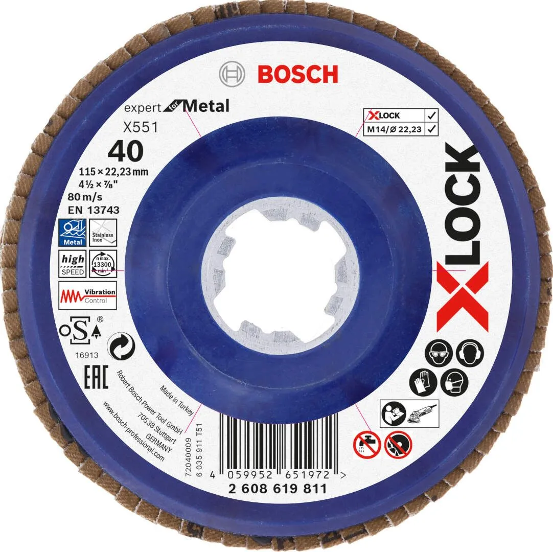 Bosch X-LOCK lamelni brusni disk X551, Expert for Metal, prečnik 115 mm; granulacija 40, ravni - 2608619811