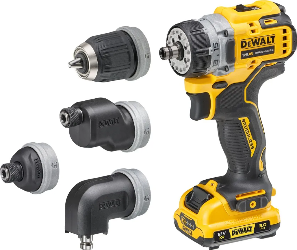 DeWalt akumulatorska bušilica - odvrtač DCD703L2T sa 4 dodatne stezne glave; 2x3,0 Ah
