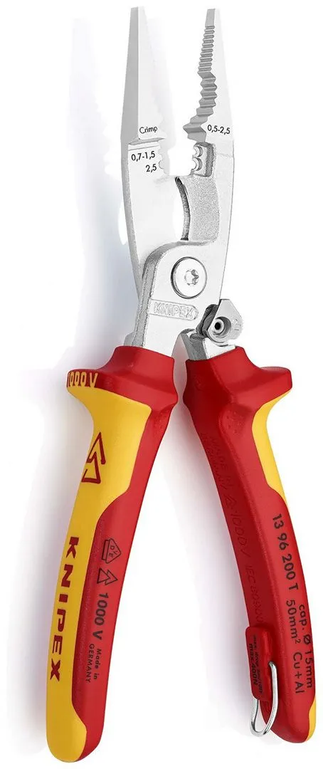 Knipex 1000V VDE izolovana hromirana klešta za električne instalacije sa mehanizmom za zaključavanje i dodatkom za kačenje200mm (13 96 200 T)