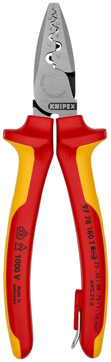 Knipex 1000V VDE izolovana klešta za krimpovanje hilzni 0,25 - 16,0 mm² sa dodatkom za kačenje (97 78 180 T)