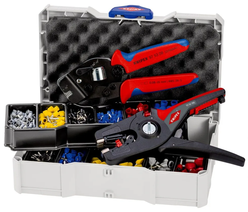 Knipex automatska klešta za skidanje izolacije PreciStrip16 + samopodešavajuća klešta za hilzne u TANOS MINI-systainer® plastičnoj kutiji sa izolovanim hilznama (97 90 15)