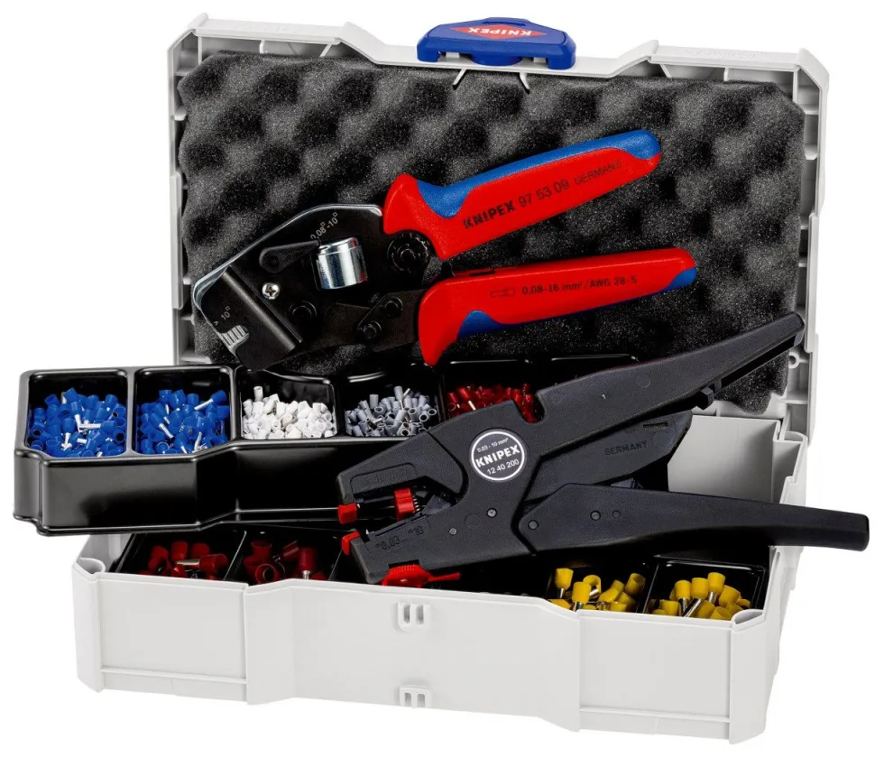 Knipex samopodešavajuća klešta za krimpovanje za hilzne + automatska klešta za skidanje izolacije u TANOS MINI-systainer® plastičnoj kutiji sa izolovanim hilznama (97 90 16)