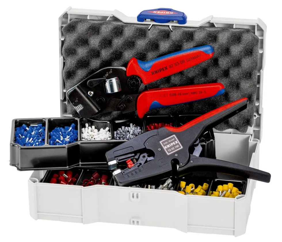 Knipex samopodešavajuća klešta za krimpovanje za hilzne + automatska klešta za skidanje izolacije Multistrip u TANOS MINI-systainer® plastičnoj kutiji sa izolovanim hilznama (97 90 17)