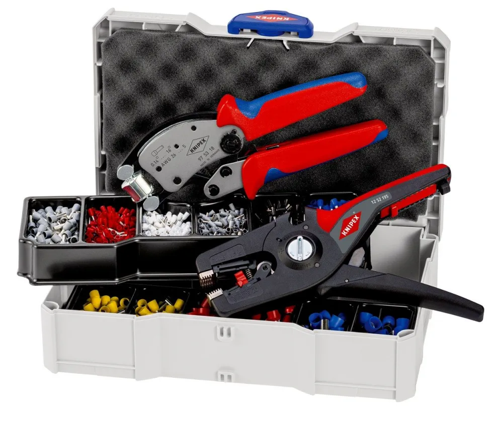 Knipex Twistor16® samopodešavajuća klešta za krimpovanje za hilzne + automatska klešta za skidanje izolacije PreciStrip16 u TANOS MINI-systainer® plastičnoj kutiji sa izolovanim hilznama (97 90 14)