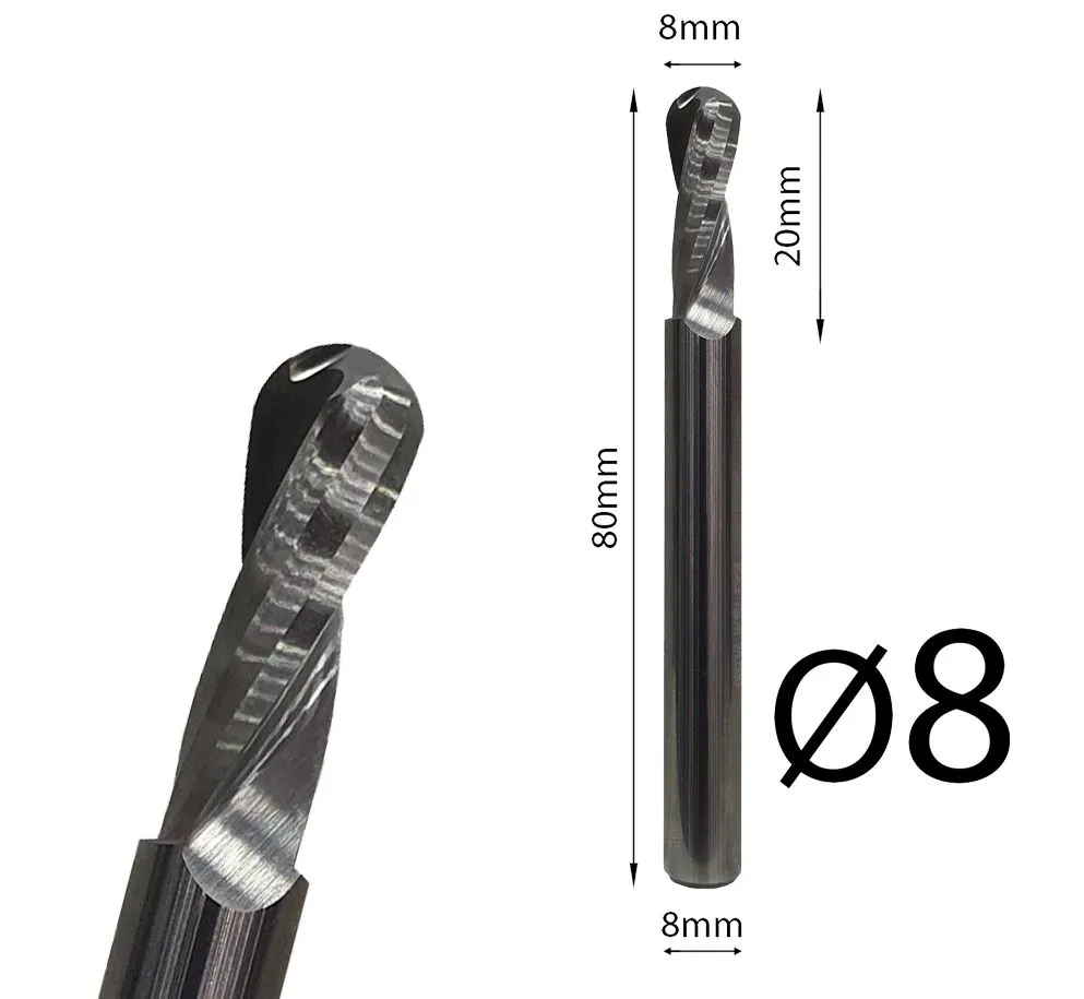 Loptasto CNC glodalo spiralno (Ball Nose) 8mm, prihvat 8mm, ukupna dužina 80mm FUL 9B.080