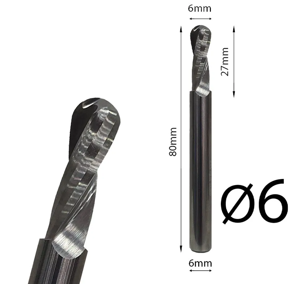 Loptasto CNC glodalo spiralno produženo (Ball Nose) 6mm, prihvat 6mm, ukupna dužina 80mm FUL 9BB.060