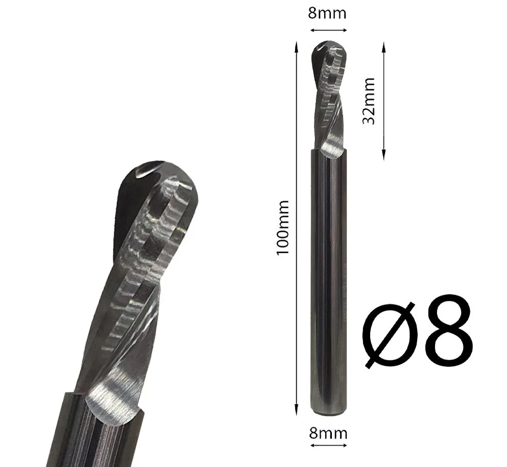 Loptasto CNC glodalo spiralno produženo (Ball Nose) 8mm, prihvat 8mm, ukupna dužina 100mm FUL 9BB.080