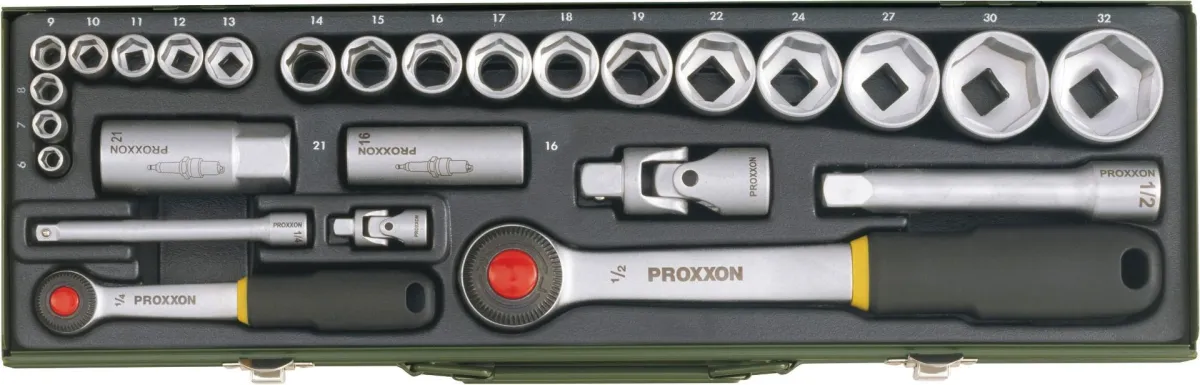 Proxxon 27-delna garnitura gedora sa čegrtaljkom 1/4” i 1/2”, 23020