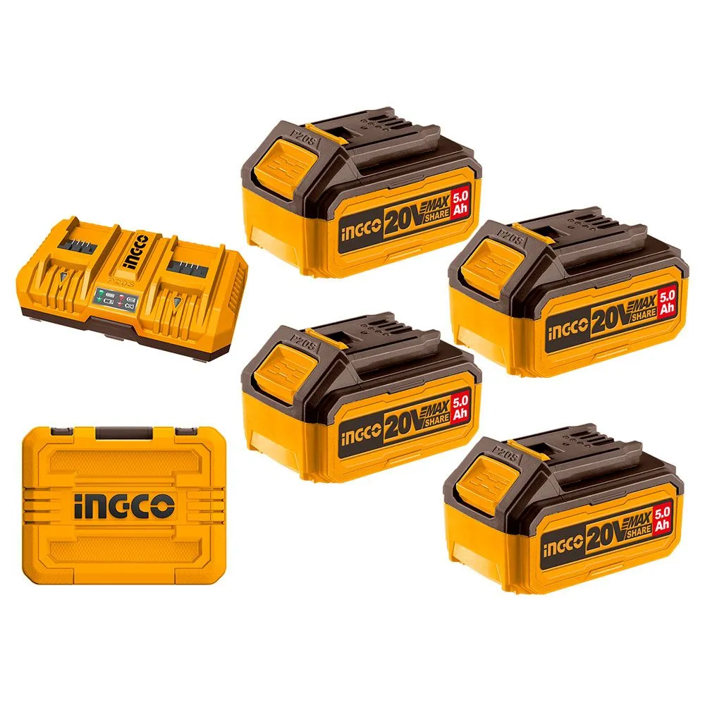 Set baterije 20V 4x5,0Ah i dupli punjač 8A u koferu Super INGCO FBCLI20285