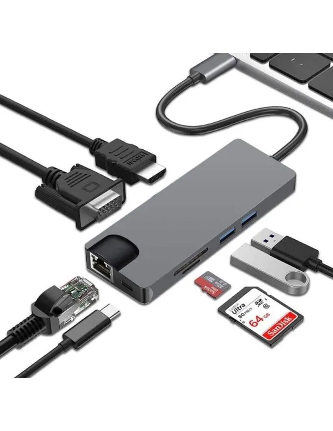 Adapter E-green USB(C)-HDMI+VGA+LAN+2USB3+USB(C)+CR