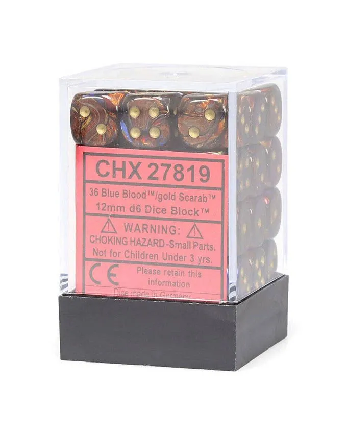 Kockice Chessex - Scarab - Luminary - Blue Blood & Gold - Dice Block 12mm (36)