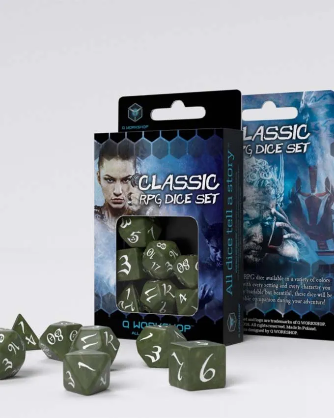 Kockice Q Workshop - Classic RPG Olive & White - Dice Set (7)