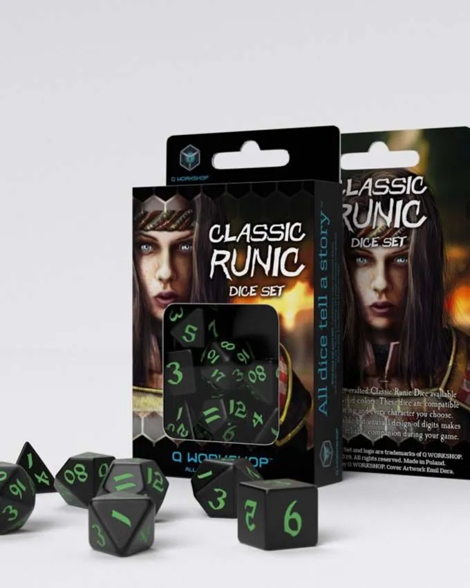 Kockice Q Workshop - Classic Runic Black & Geen - Dice Set (7)