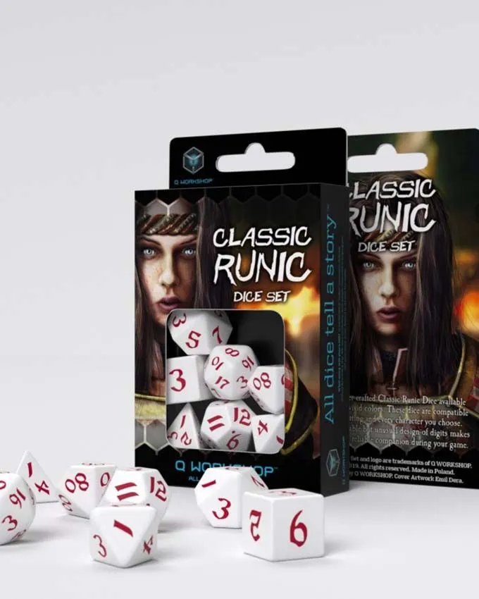 Kockice Q Workshop - Classic Runic White & Red - Dice Set (7)