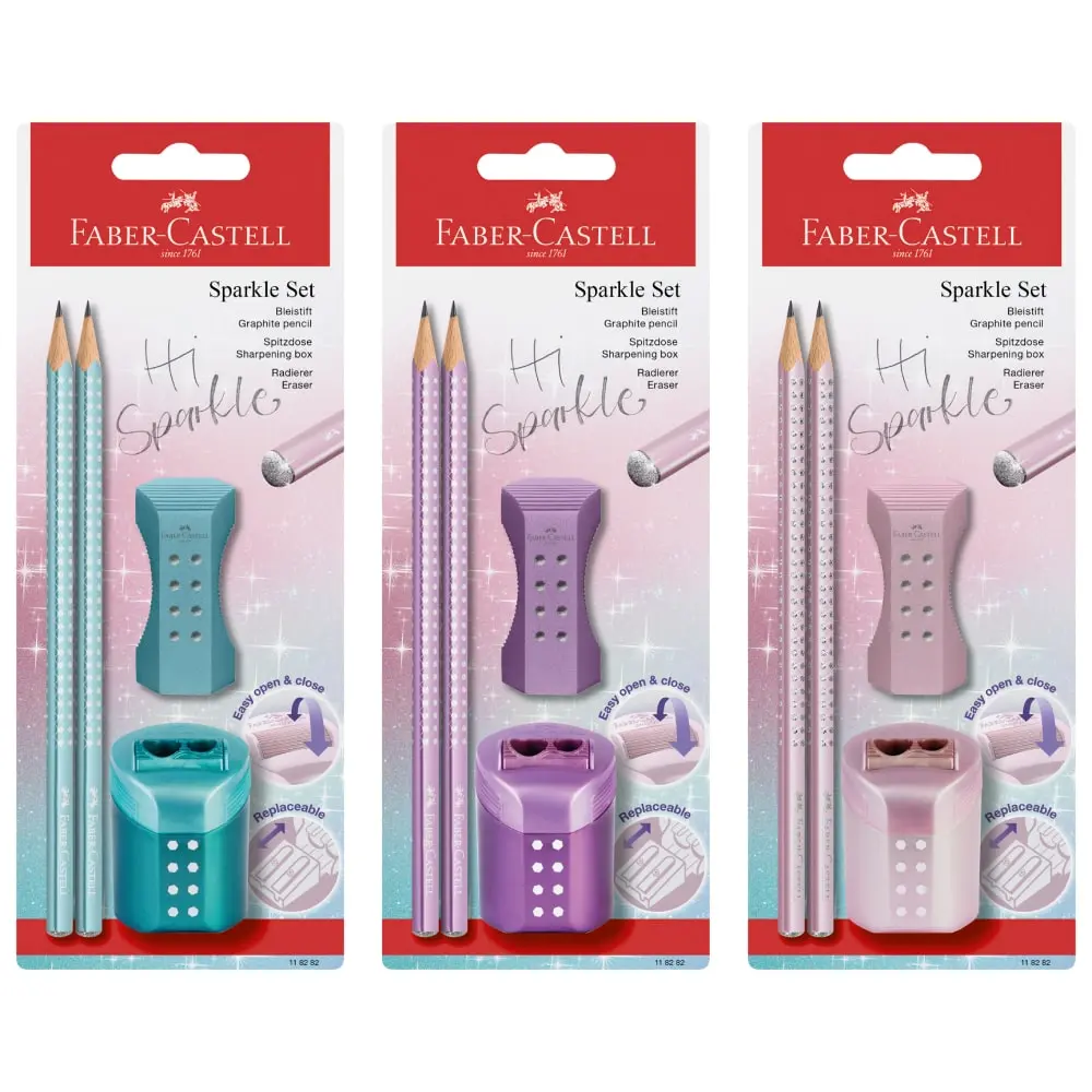 FABER CASTELL Polyblister 2 Sparkle Drvene olovke + Rezač + Gumica