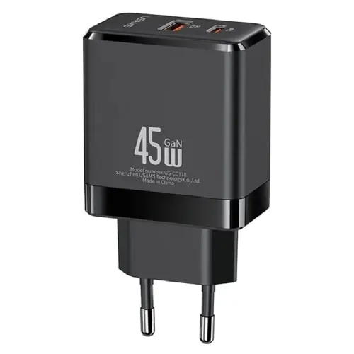 USAMS CC178TC01 GaN USB-A + USB-C 45W (Crni) Adapter
