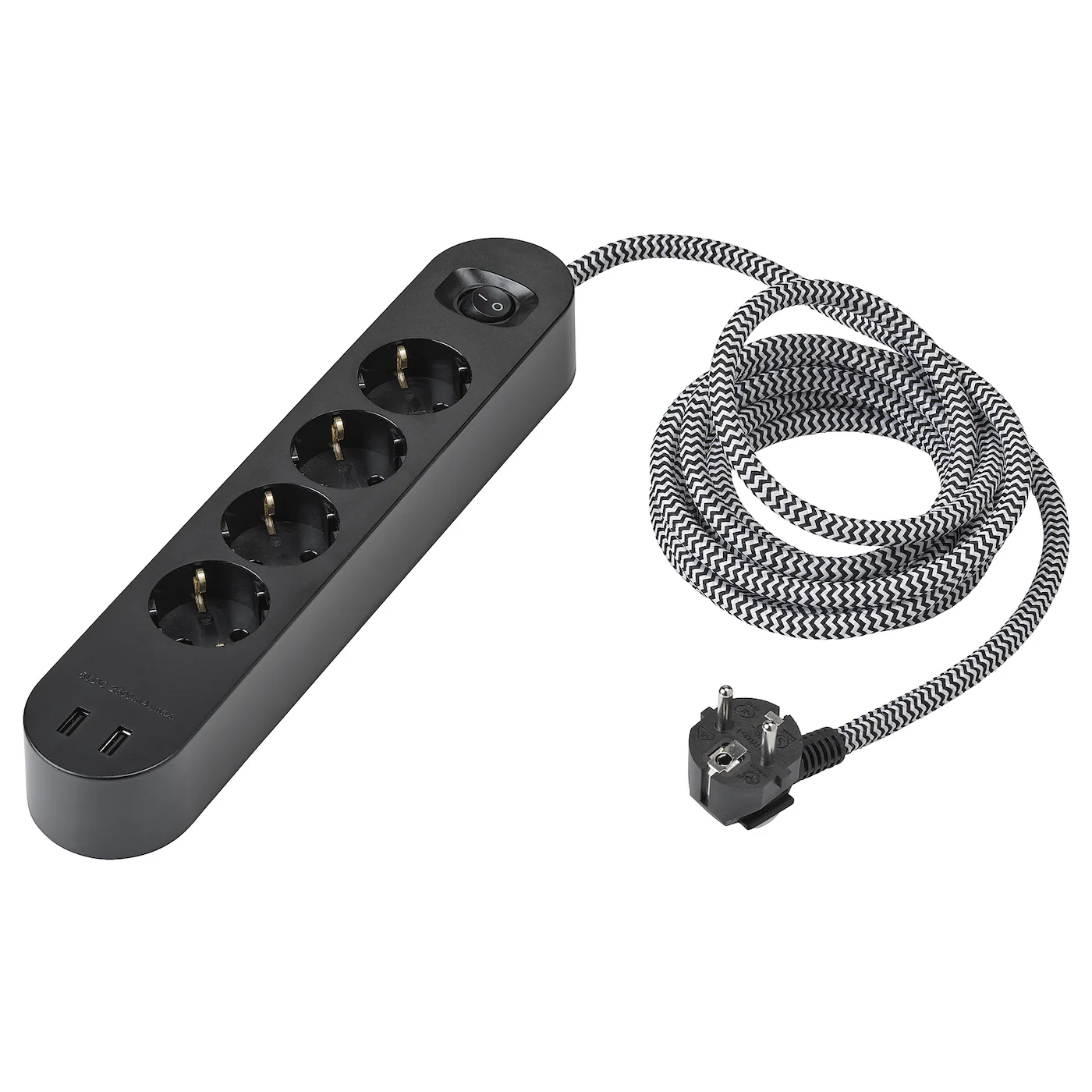 KOPPLA 4-struka utičnica s 2 USB ulaza, crna/bela/tekstil, 3.0 m