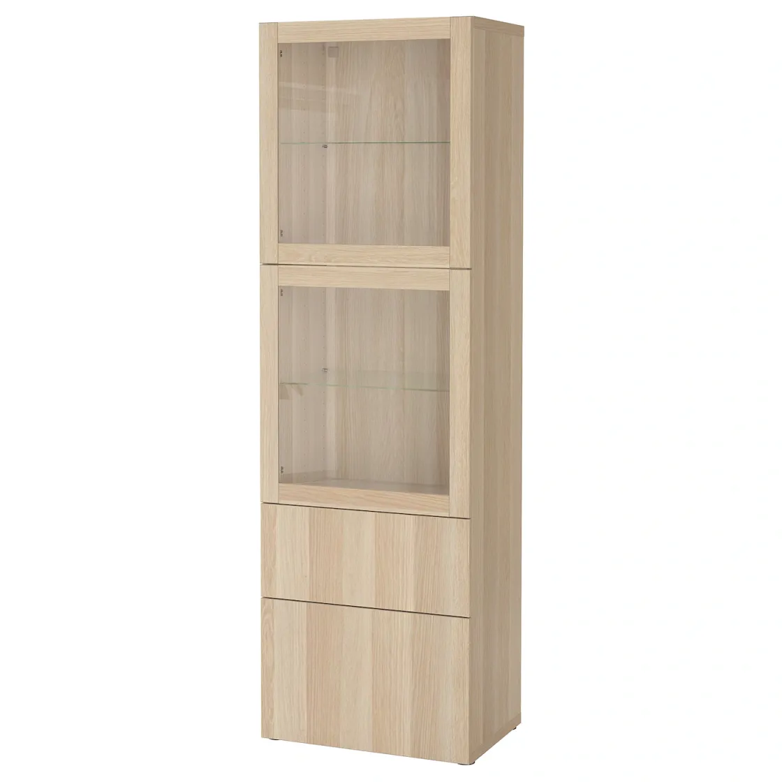 BESTÅ Komb.odlaganje,staklena vrata, belo b. im. hrastovine/Lappviken im. b. b. hrast staklo, 60x42x193 cm