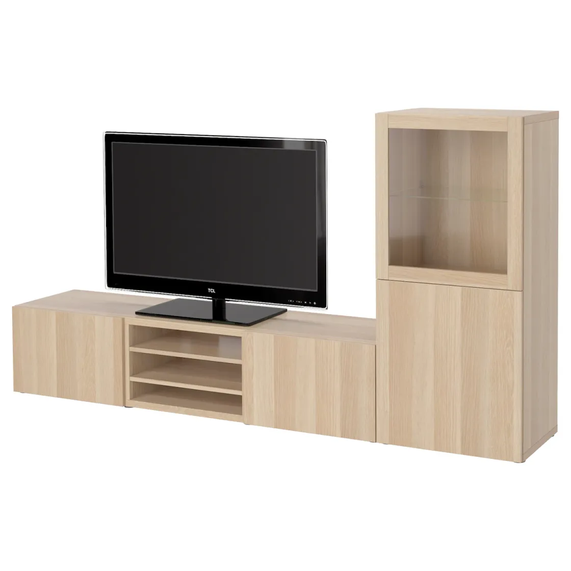 BESTÅ TV komb.odlaganje/staklena vrata, belo b. im. hrastovine/Lappviken im. b. b. hrast staklo, 240x42x129 cm