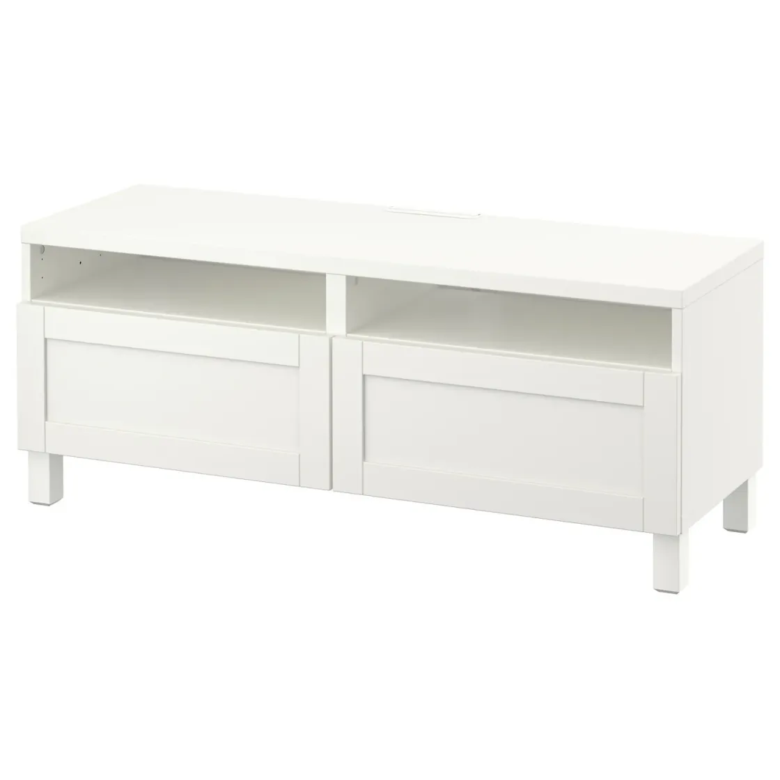 BESTÅ TV stalaža s fiokama, bela/Hanviken/Stubbarp bela, 120x42x48 cm