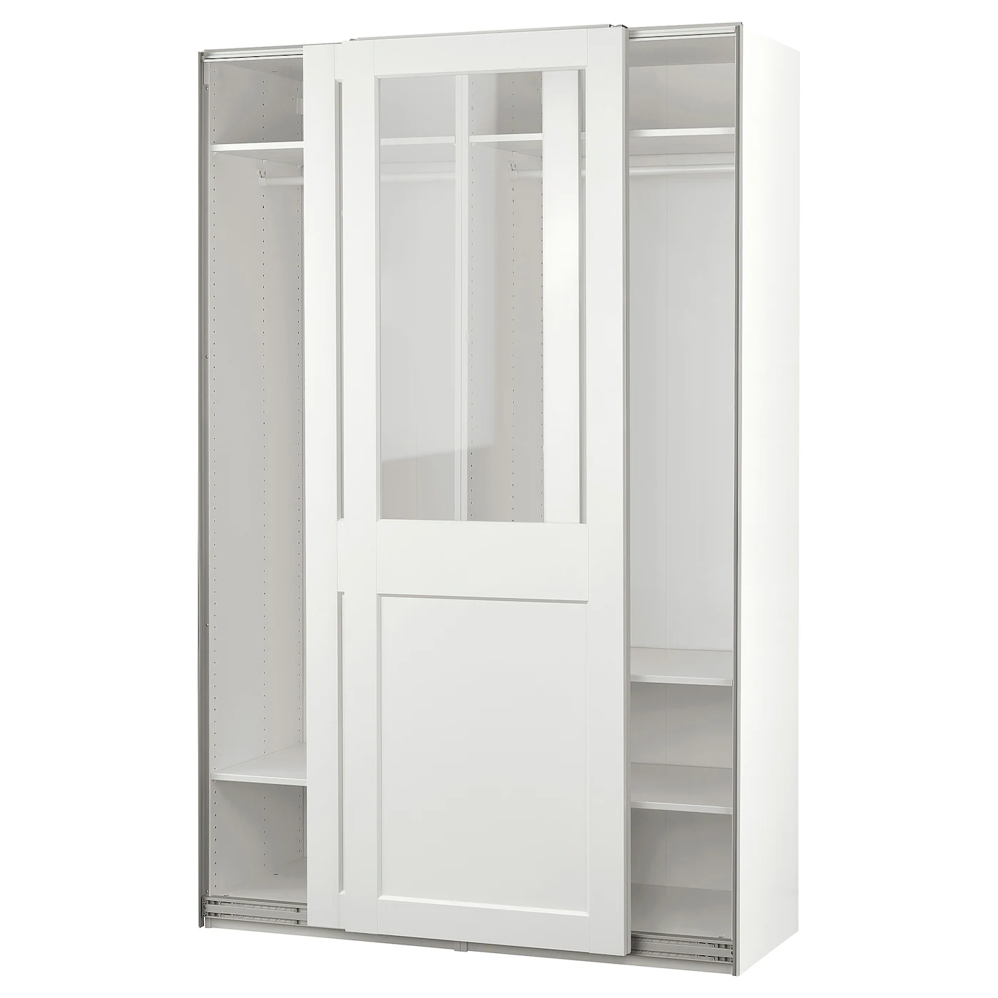PAX / GRIMO Garderober i klizna vrata, bela/bistro staklo bela, 150x66x236 cm