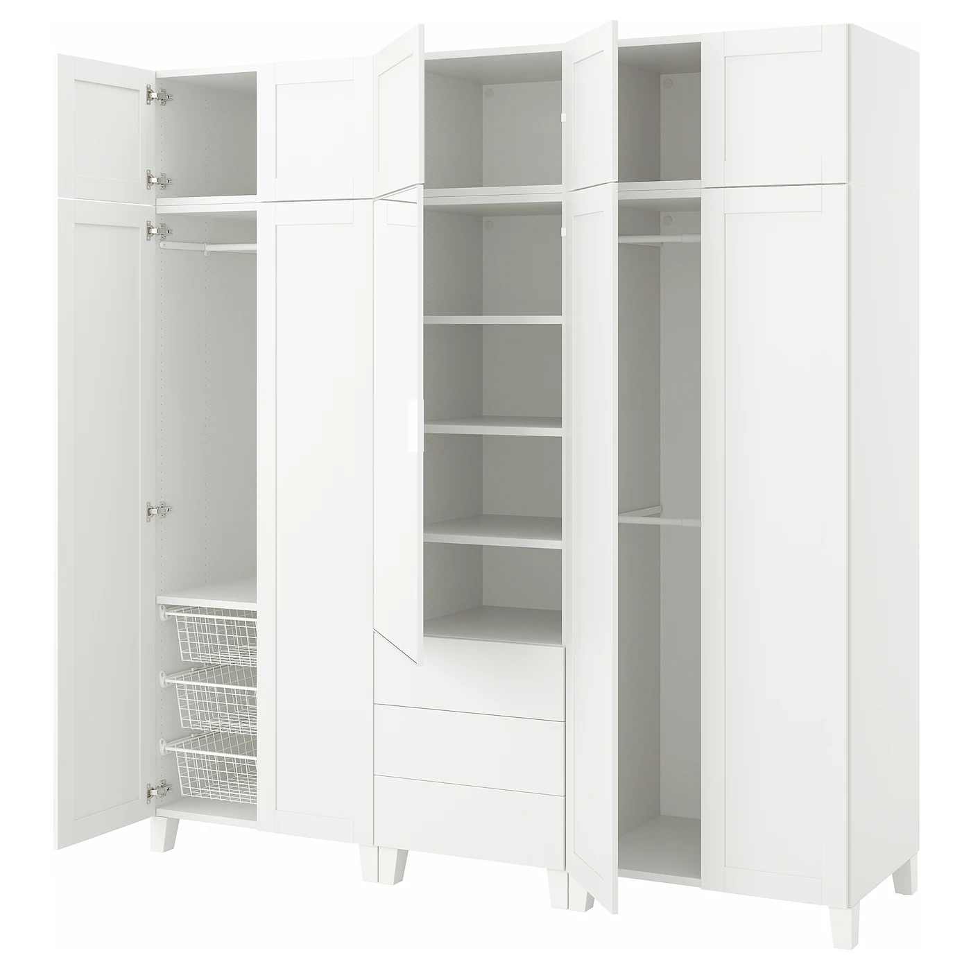 PLATSA Garderober s 10 vrata i 3 fioke, bela STRAUMEN staklo ogledala/SANNIDAL bela, 220x57x231 cm
