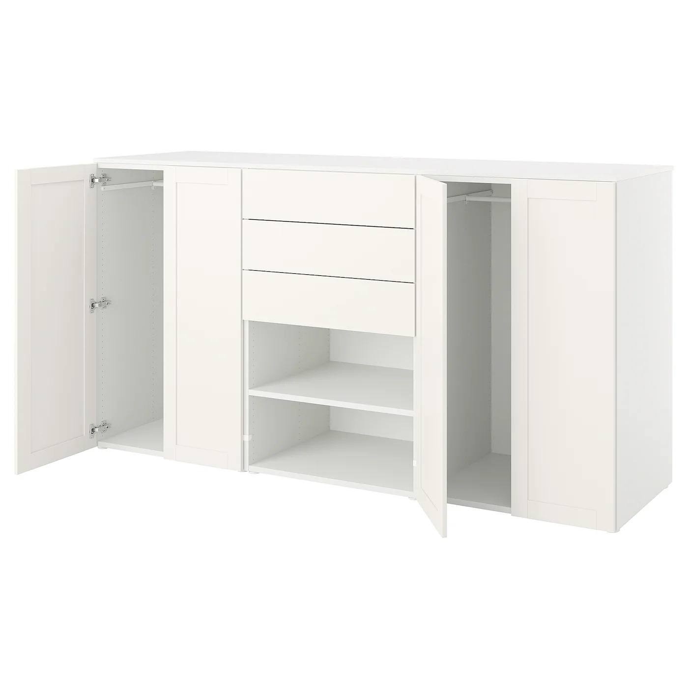 PLATSA Garderober s 4 vrata i 3 fioke, bela FONNES bela/SANNIDAL bela, 240x57x123 cm