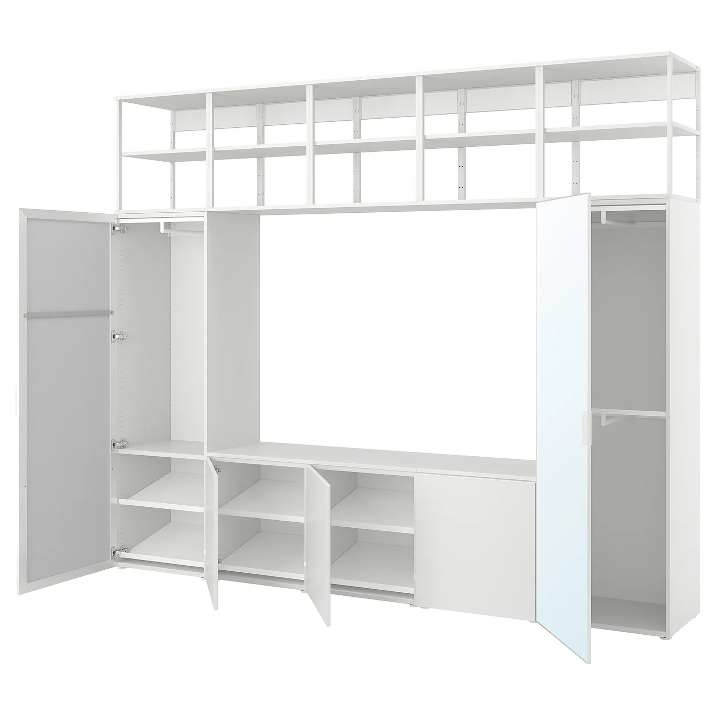 PLATSA Garderober s 5 vrata, bela STRAUMEN staklo ogledala/FONNES bela, 300x42x241 cm