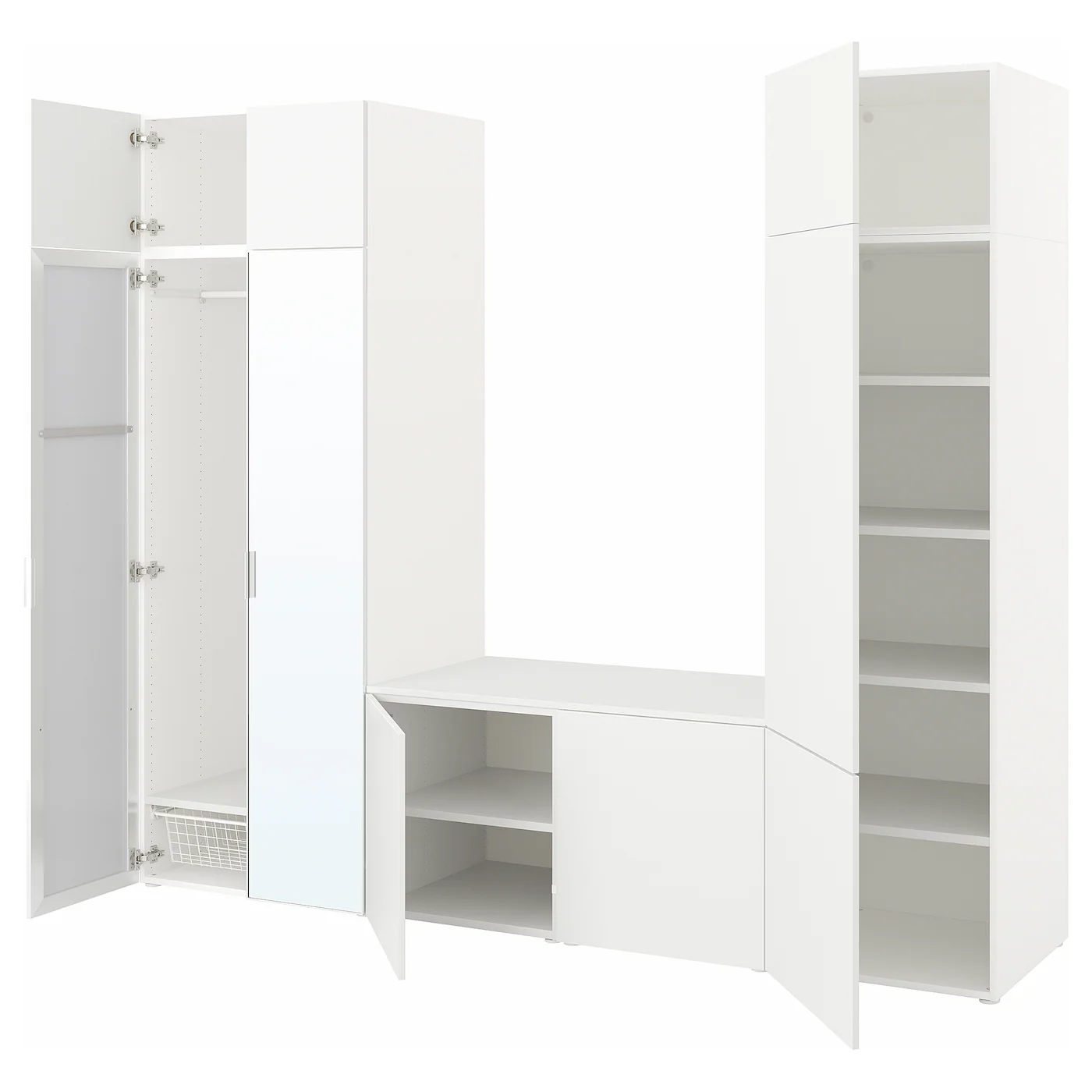 PLATSA Garderober s 9 vrata, bela STRAUMEN staklo ogledala/FONNES bela, 260x42x221 cm