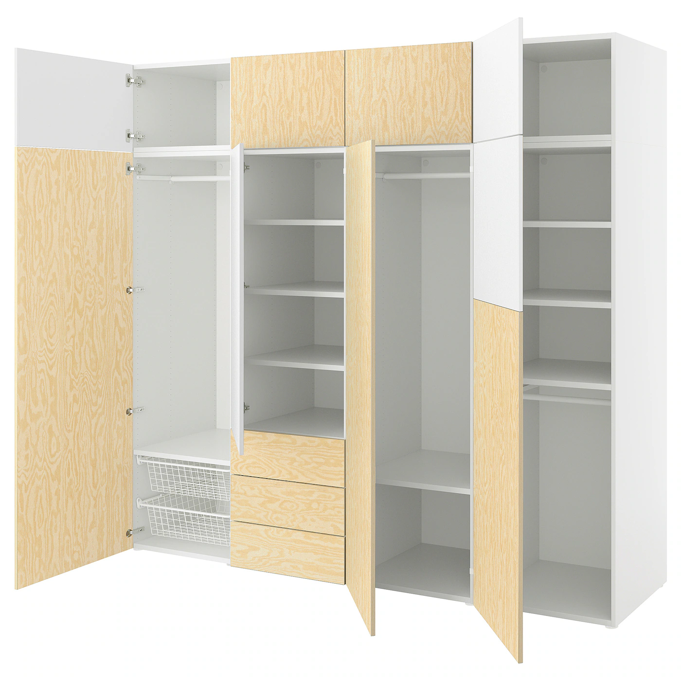 PLATSA Garderober s 9 vrata i 3 fioke, bela Kalbåden/živopisna imitacija bora FONNES bela, 240x57x221 cm