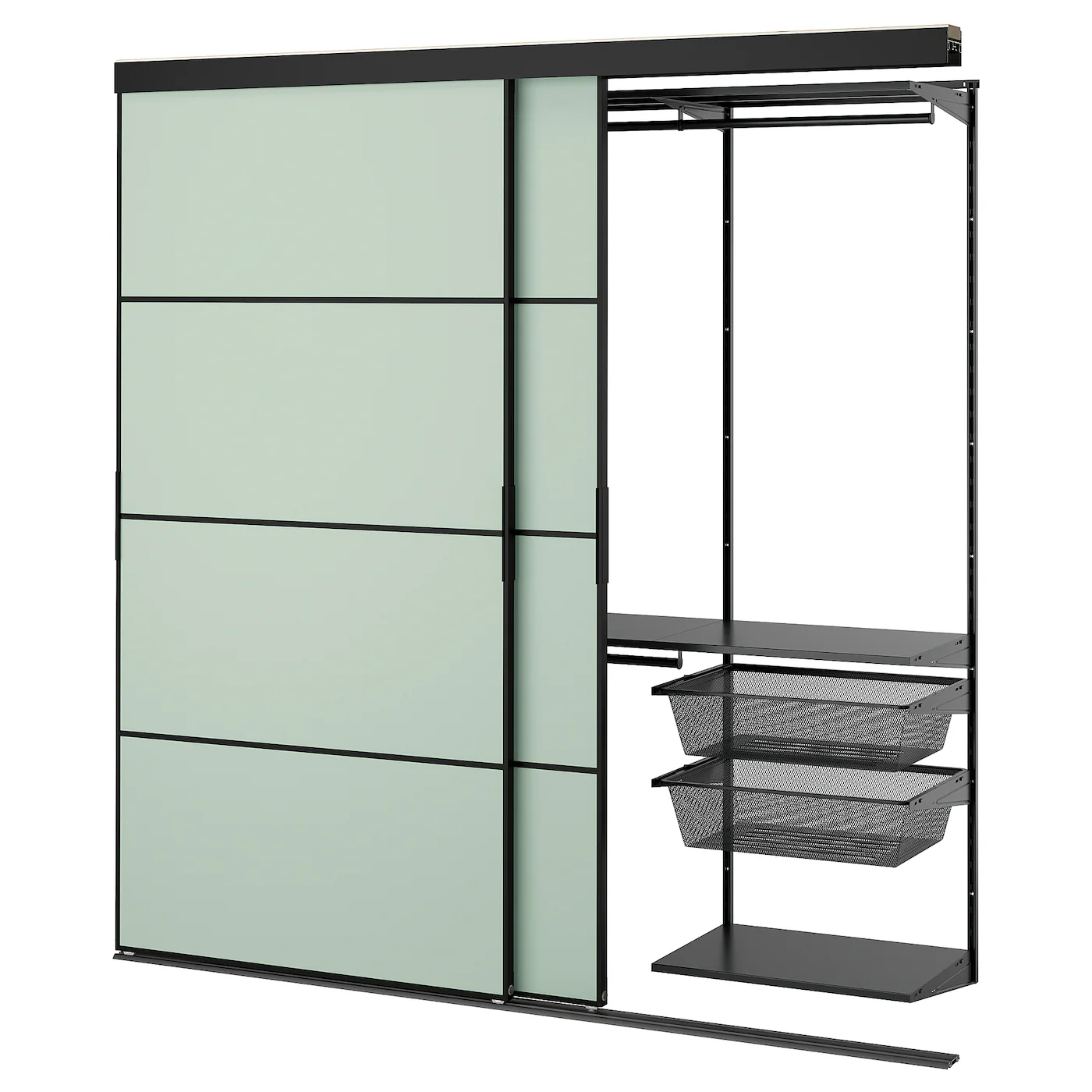 SKYTTA / BOAXEL Garderober s kliznim vratima, crna metal/Mehamn svetlozelena, 202x65x205 cm