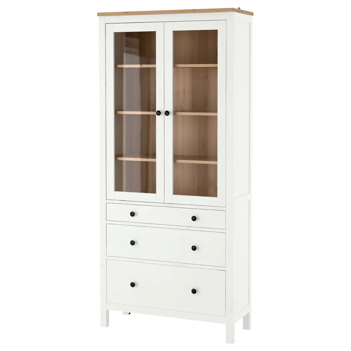 HEMNES Vitrina s 3 fioke, belo bajcovano/svetlosmeđa, 90x197 cm