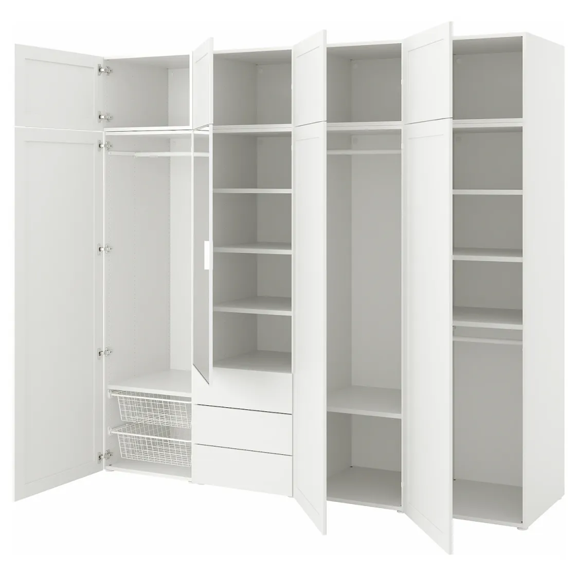 PLATSA Garderober s 8 vrata i 3 fioke, bela STRAUMEN staklo ogledala/SANNIDAL bela, 240x57x221 cm