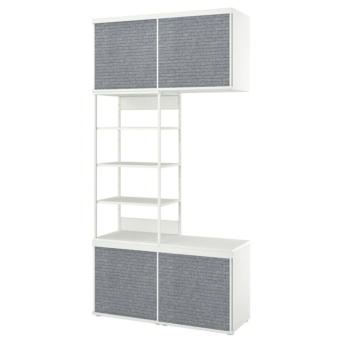 PLATSA Otvoren garderober i 4 kliz.vrata, bela Larkollen/tamnosiva, 120x42x241 cm